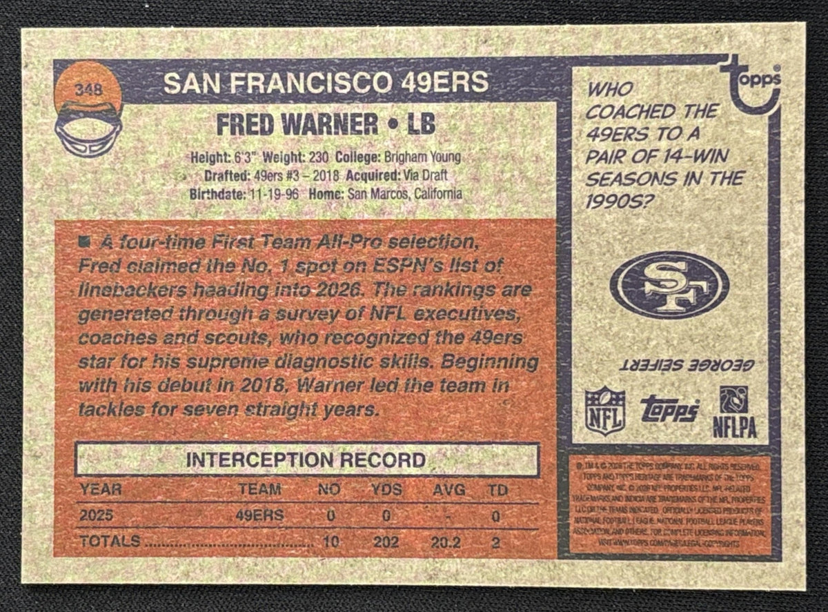 Fred Warner 2026 Topps Heritage Chrome Pink Sparkle 49ers Sports Trading Card