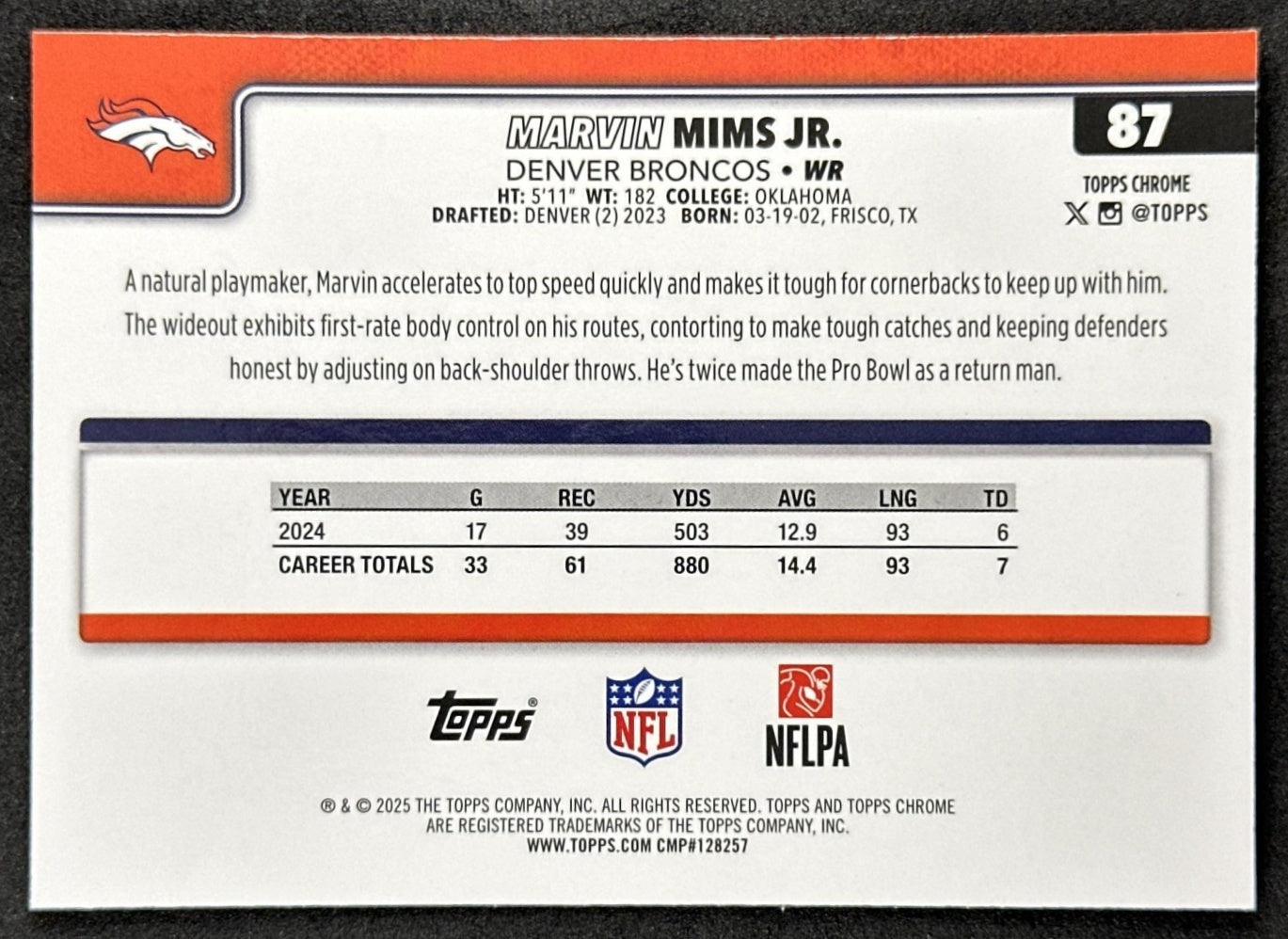 Marvin Mims Jr. 2025 Topps Chrome Sapphire Broncos