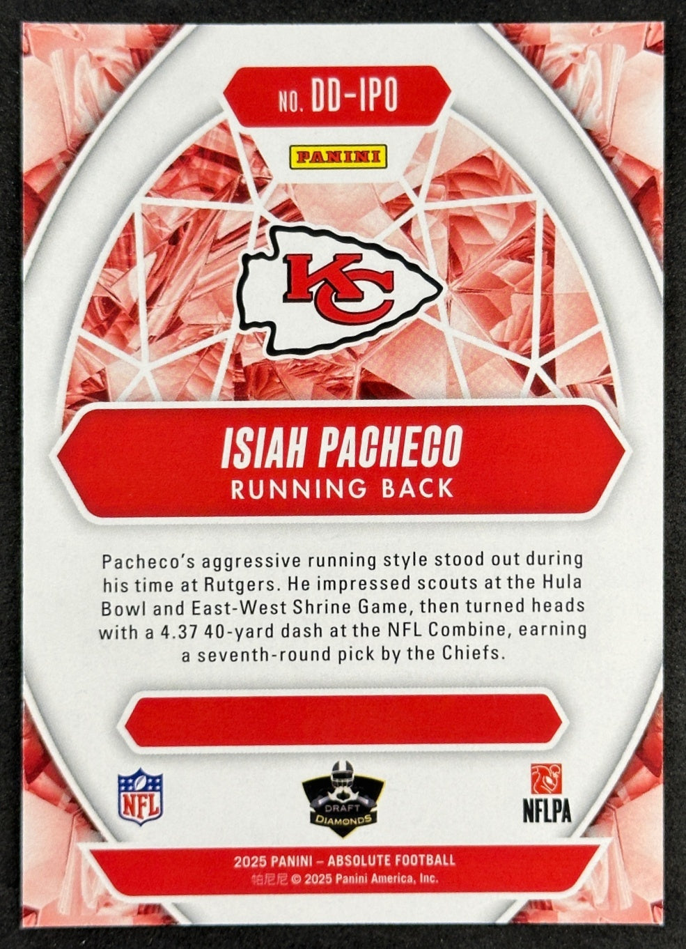 Isiah Pacheco 2025 Absolute Draft Diamonds Chiefs Sports Trading Card