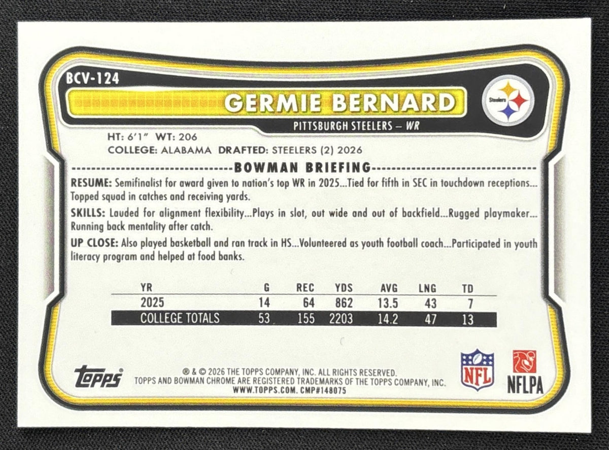 Germie Bernard 2026 Bowman Chrome NFL Mojo Refractor Steelers