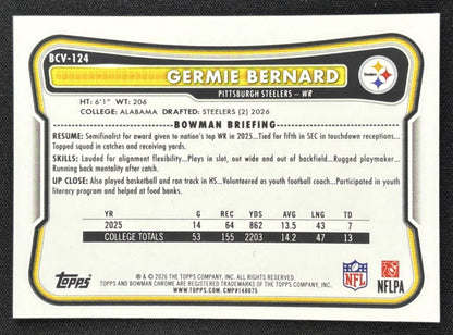 Germie Bernard 2026 Bowman Chrome NFL Mojo Refractor Steelers