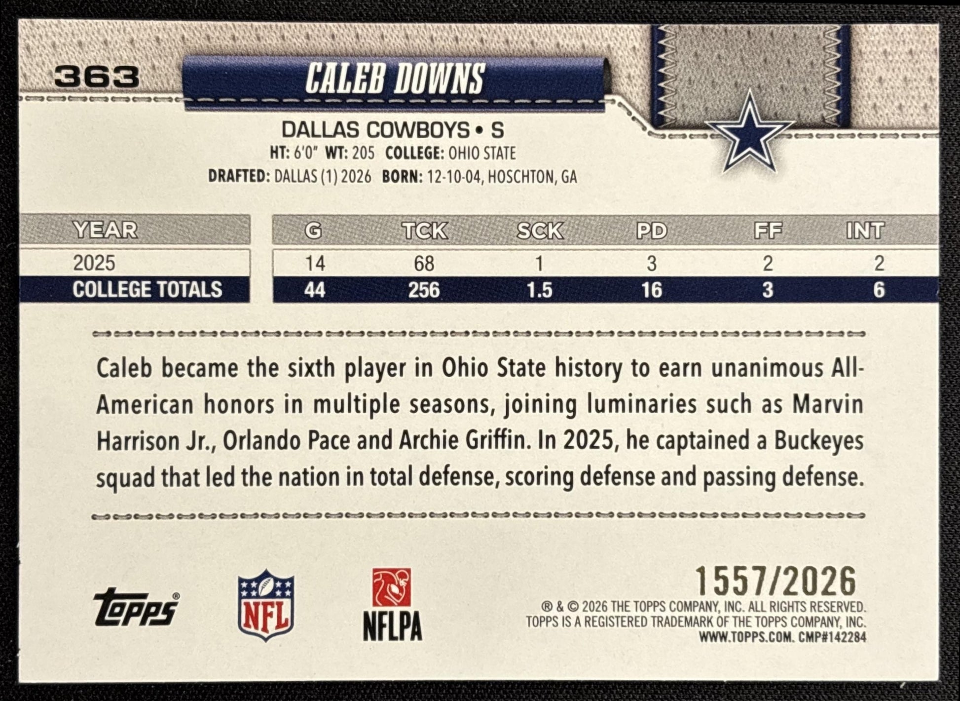 Caleb Downs 2026 Topps Gold /2026 Cowboys - back