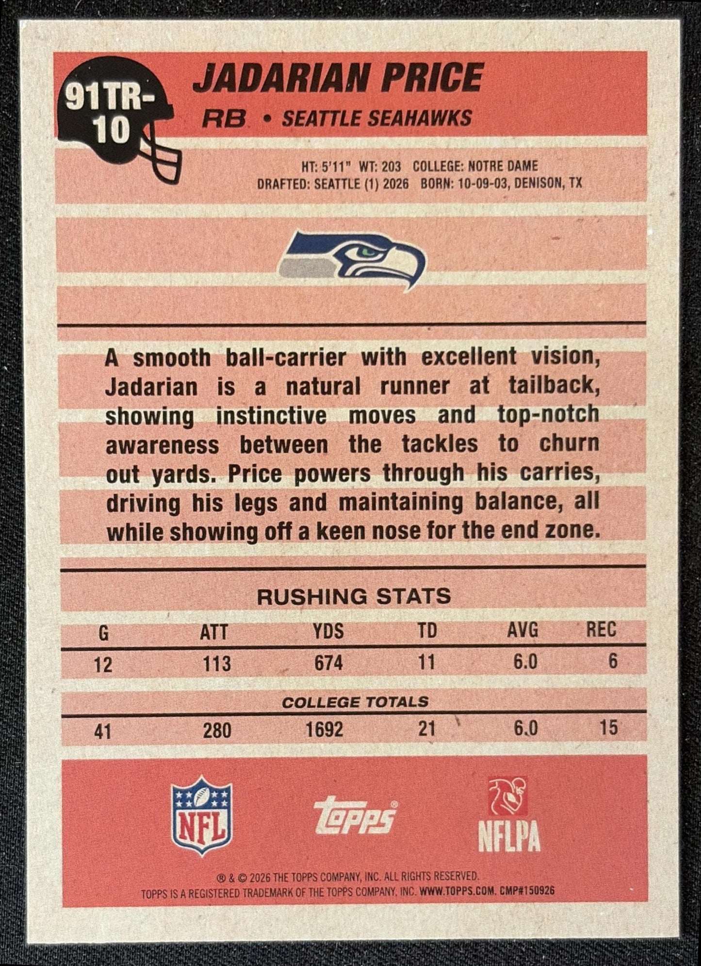 Jadarian Price 2026 Topps 1991 Rookie Seahawks back