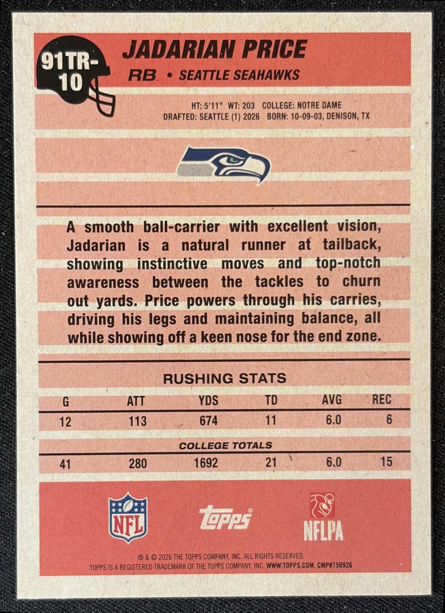 Jadarian Price 2026 Topps 1991 Rookie Seahawks back