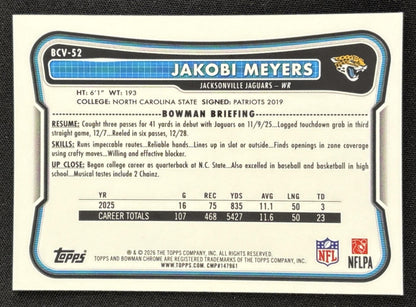 Jakobi Meyers 2026 Bowman Chrome NFL Speckle Refractor Jaguars back