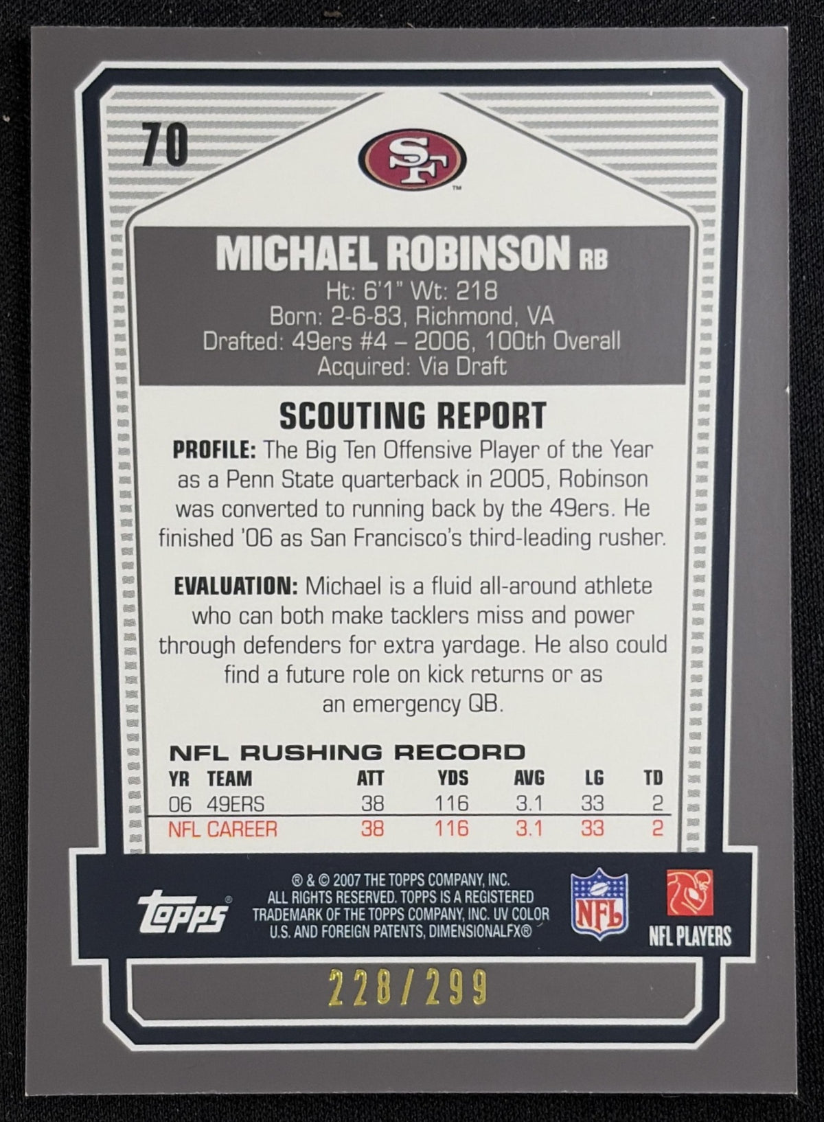 Michael Robinson 2007 Topps Draft Picks & Prospects Chrome Silver /299 49ers - Back