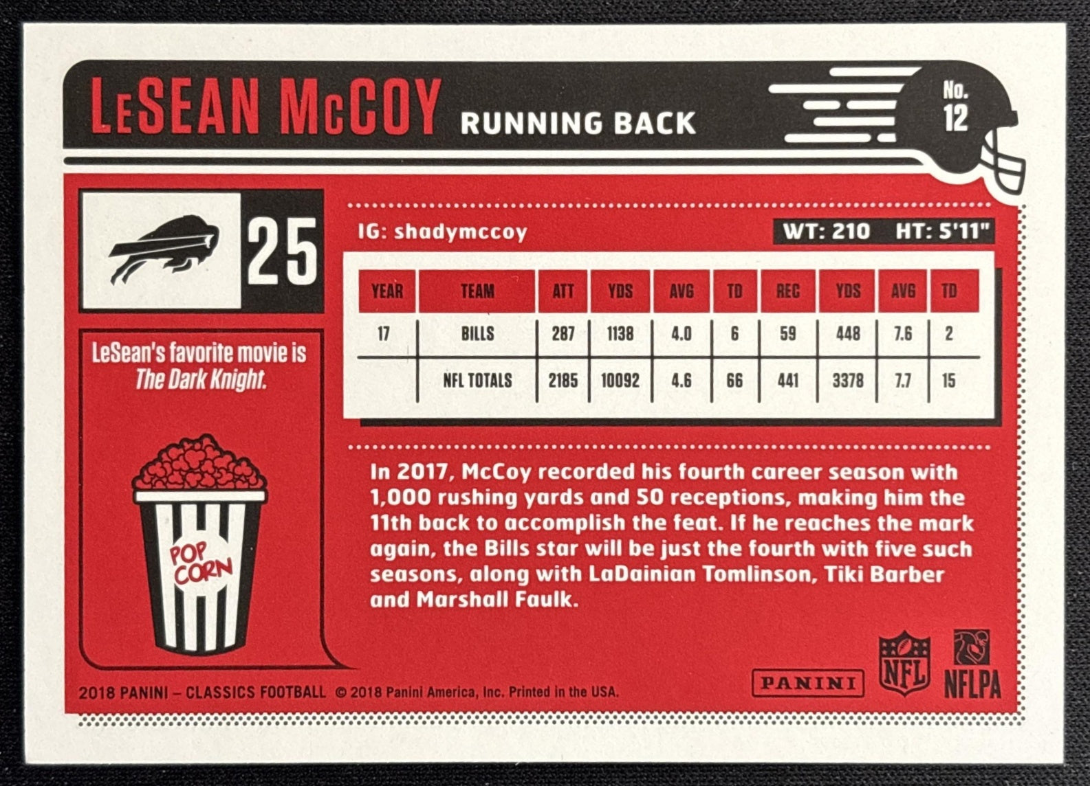 LeSean McCoy 2018 Panini Classics Red Back /299 Bills back
