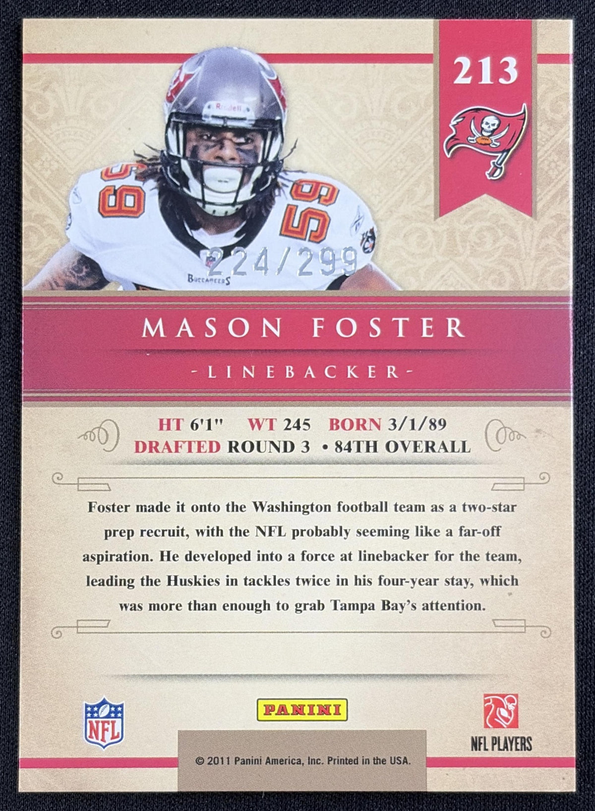 Mason Foster 2011 Panini Gold Standard /299 Buccaneers - Back