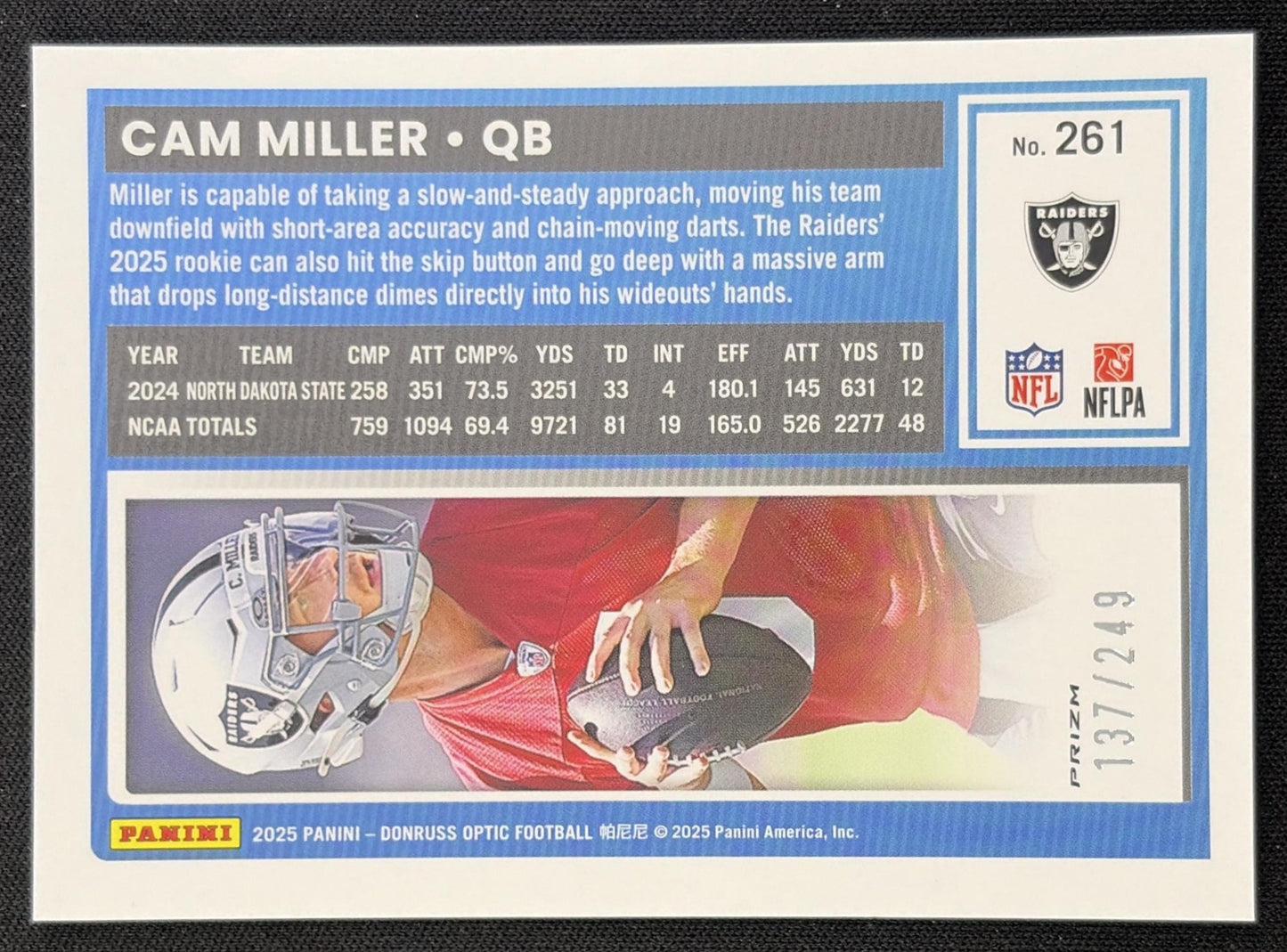 Cam Miller 2025 Panini Donruss Optic Rated Rookie Blue Prizm /249 Raiders