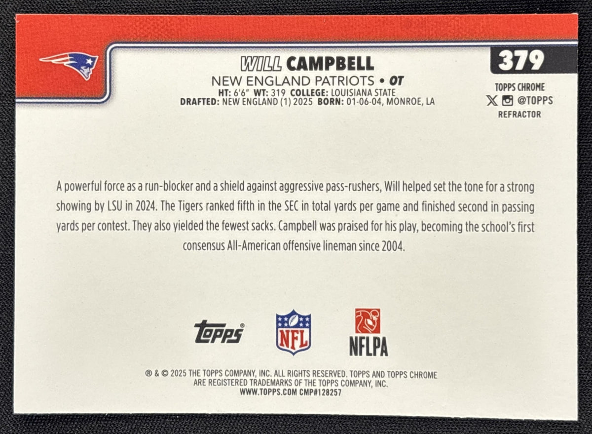 Will Campbell 2025 Topps Chrome Rookie Refractor Patriots