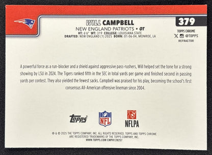 Will Campbell 2025 Topps Chrome Rookie Refractor Patriots