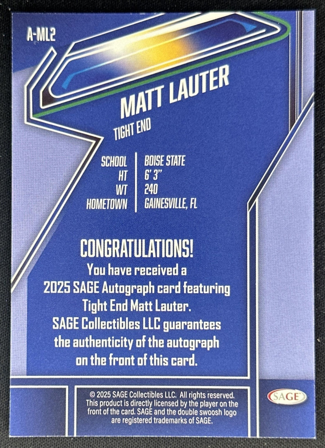 Matt Lauter Sage Auto 2025 Bose State Sports Trading Cards