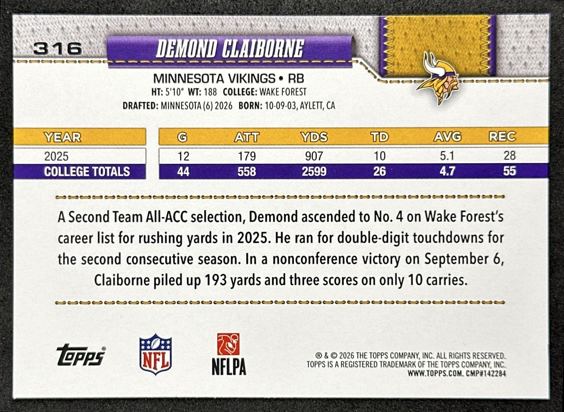 Demond Claiborne 2026 Flagship Rookie Topps Vikings Sports Trading Cards