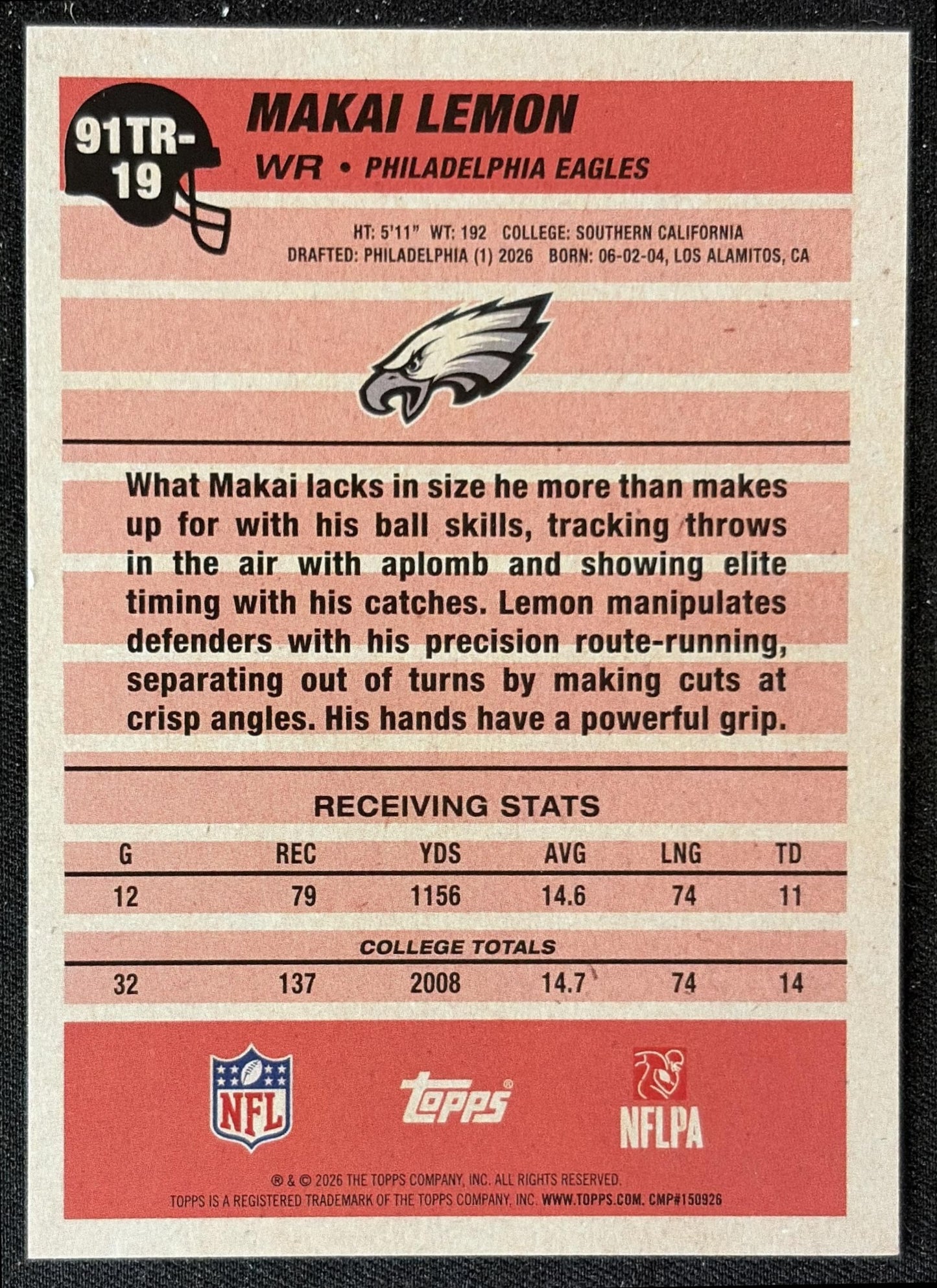 Makai Lemon 2026 Topps 1991 Rookie Eagles back