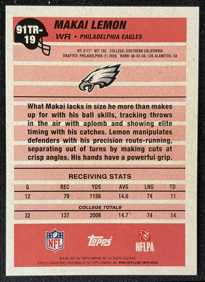 Makai Lemon 2026 Topps 1991 Rookie Eagles back