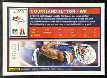 Courtland Sutton 2025 Panini Donruss Optic Neon Blue Prizm /399 Broncos back