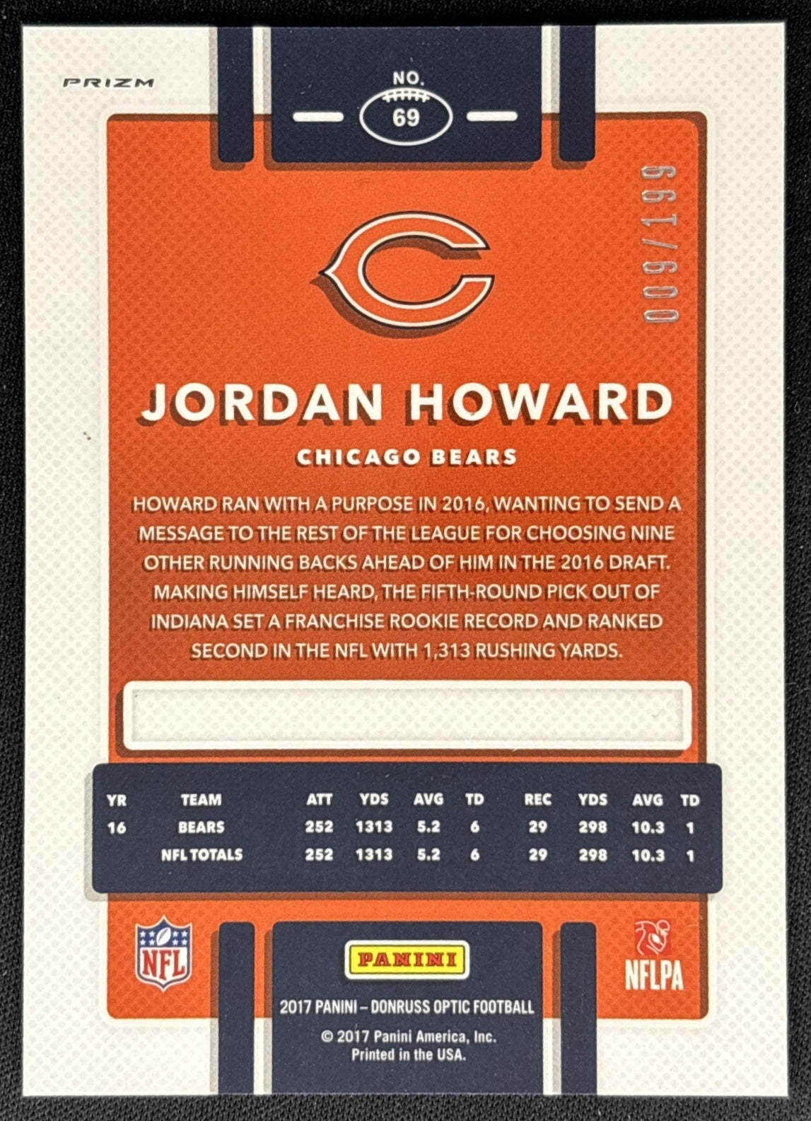 Jordan Howard 2017 Panini Donruss Optic Orange /199 Bears back