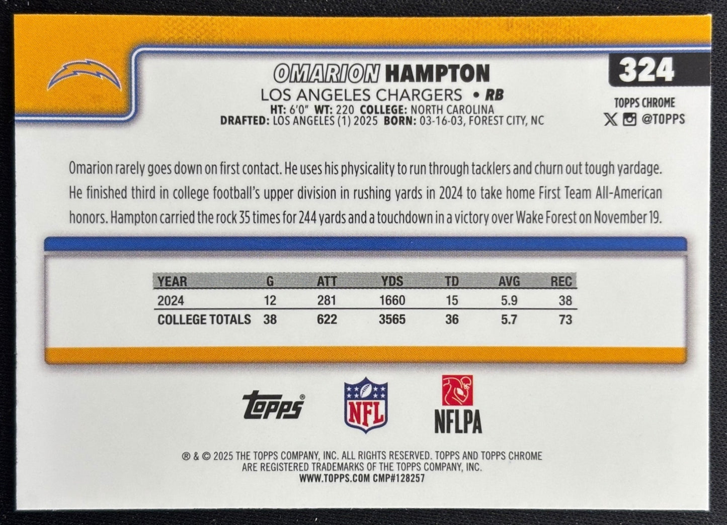 Omarion Hampton 2025 Chrome Rookie Chargers Sports Trading Cards