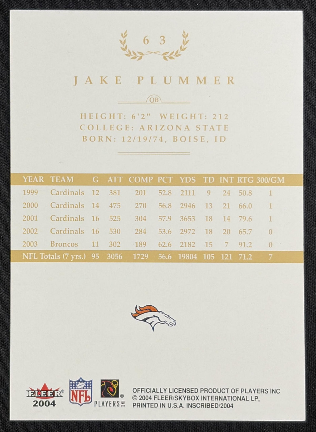 Jake Plummer 2004 Fleer Inscribed Black Border Gold /199 Denver Broncos