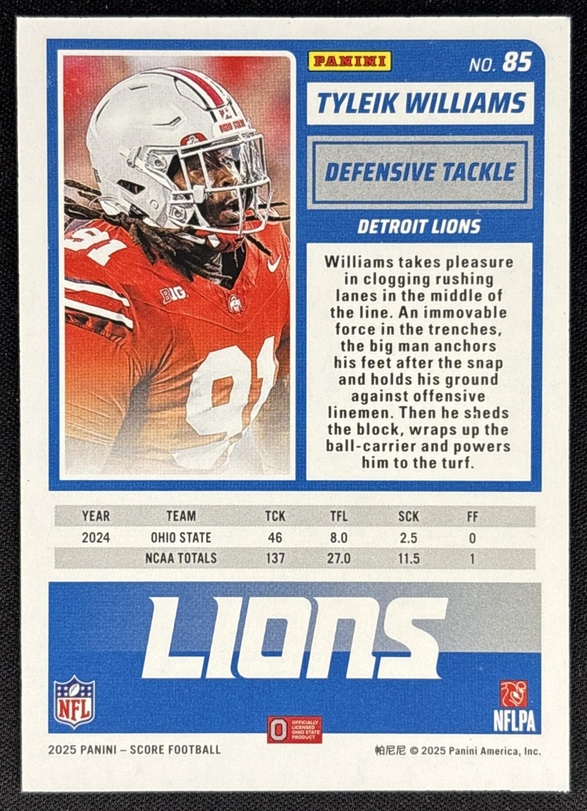 Tyleik Williams 2025 Panini Score Rookies Spokes /415 Lions