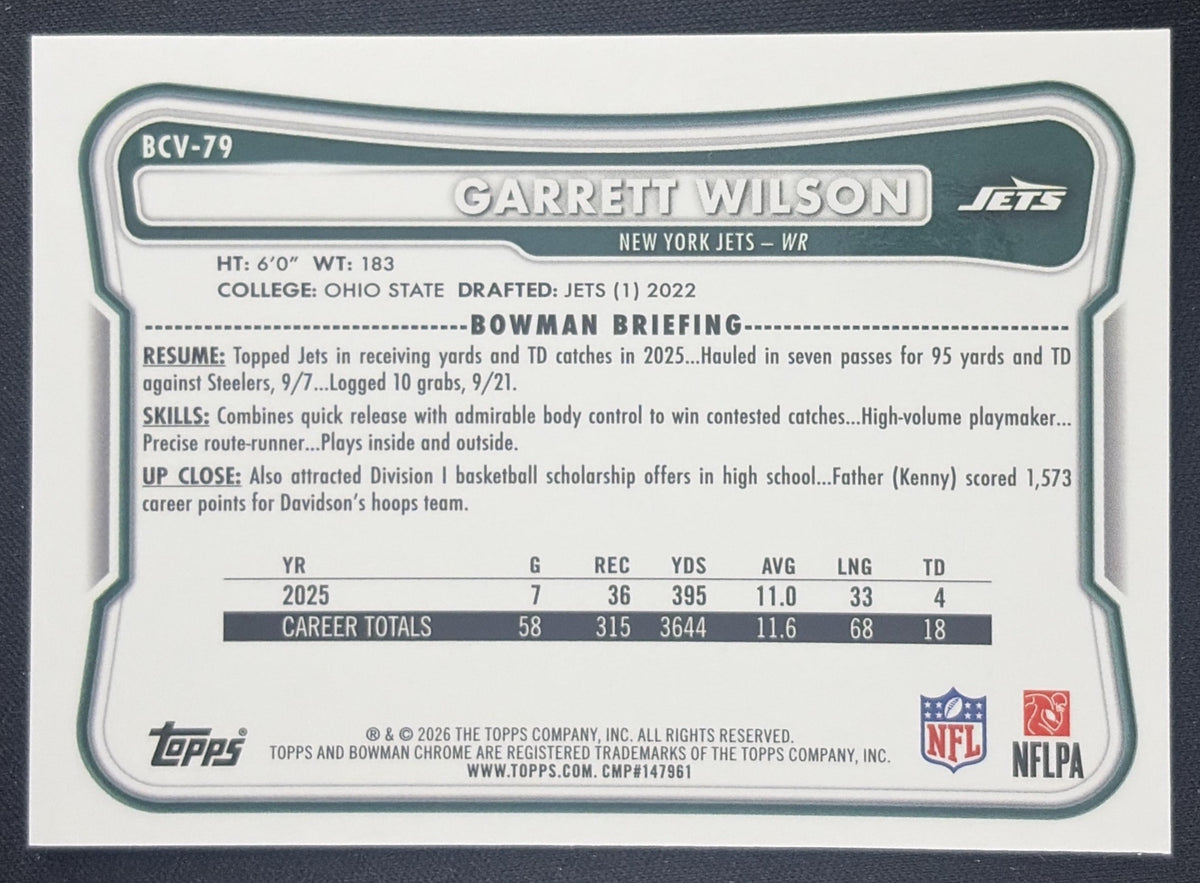 Garrett Wilson 2026 Bowman Chrome NFL Mojo Refractor Jets