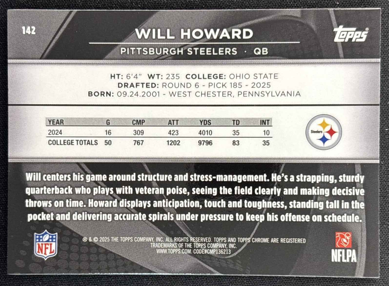Will Howard 2025 Topps Chrome Black Steelers back