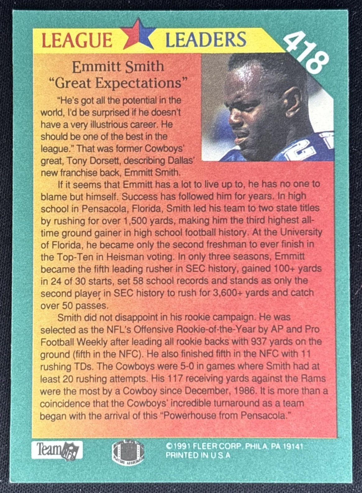 Emmitt Smith 1991 Fleer Cowboys back