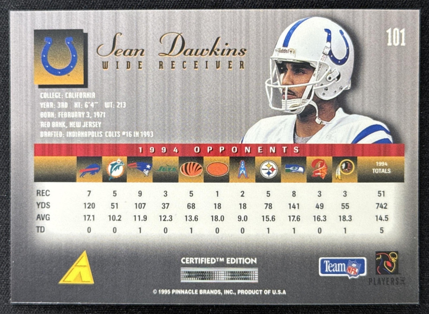 Sean Dawkins 1995 Pinnacle Select Certified Colts Sports Trading Card