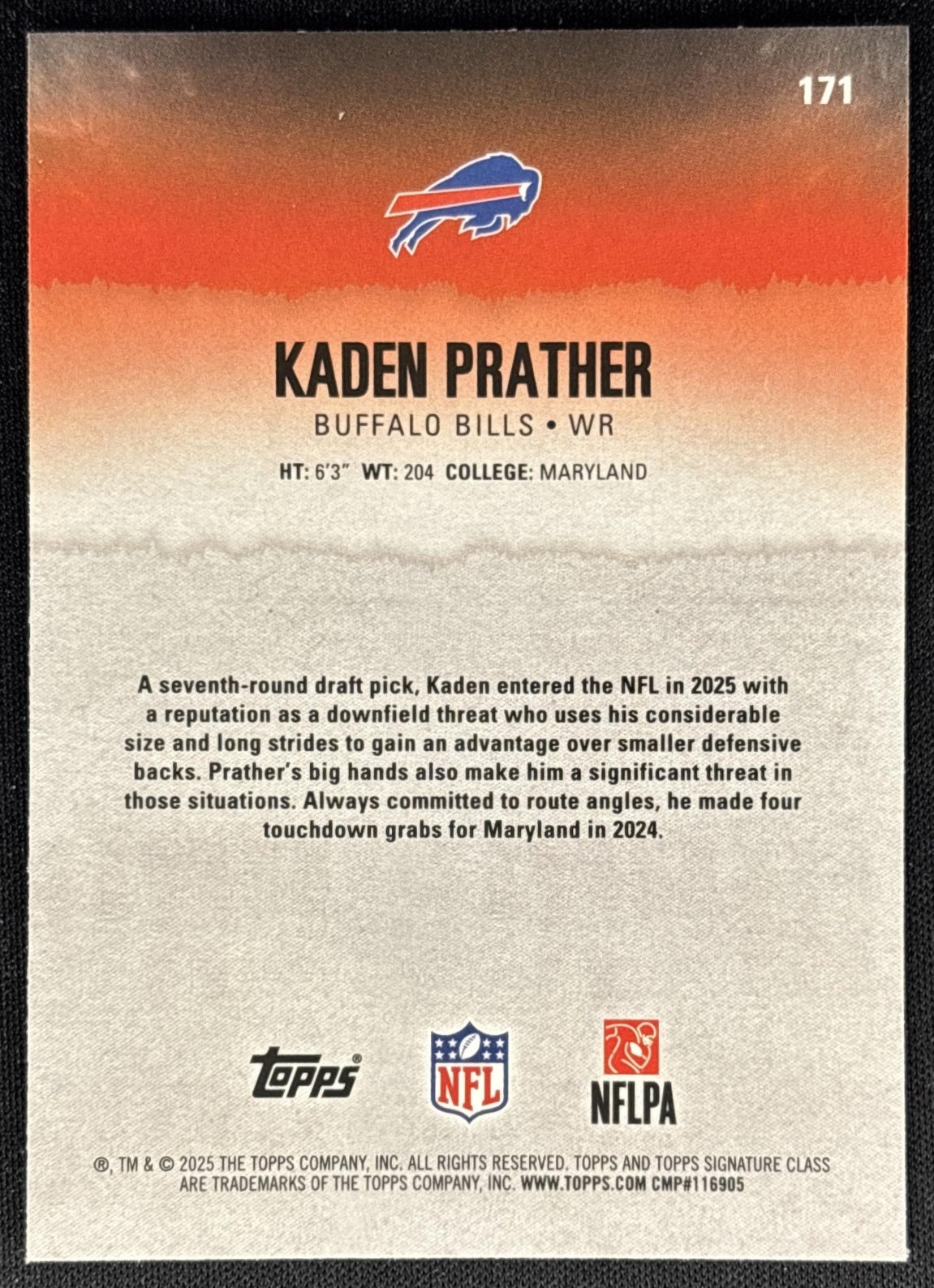 Kaden Prather 2025 Topps Signature Class Chrome Rookie Bills Sports Trading Cards