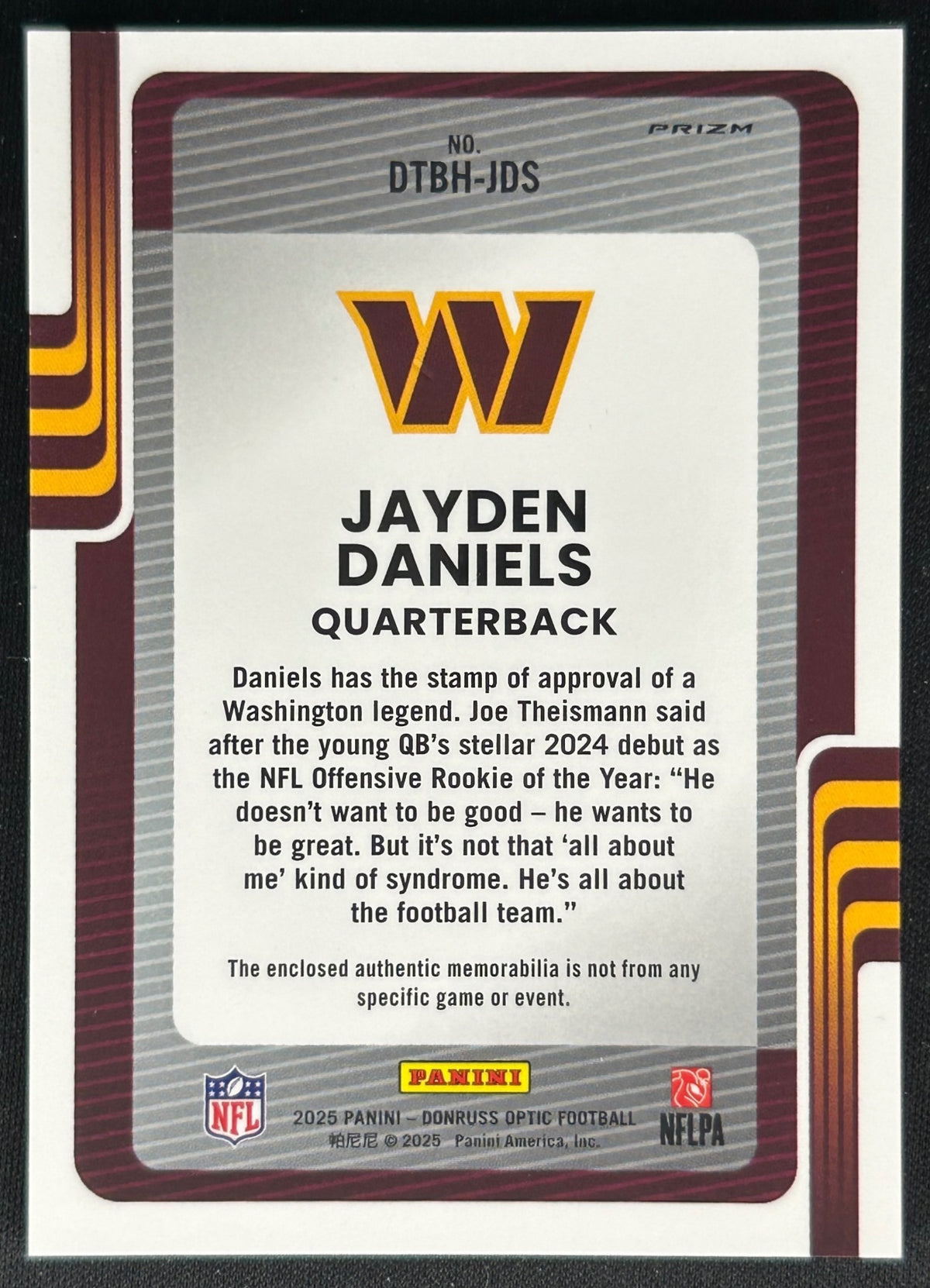 Jayden Daniels 2025 Donruss Optic Threads Blue Hyper Prizm Commanders Sports Trading Cards