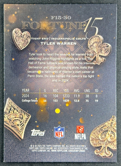 Tyler Warren 2025 Topps Chrome Fortune 15 Colts Sports Trading Cards