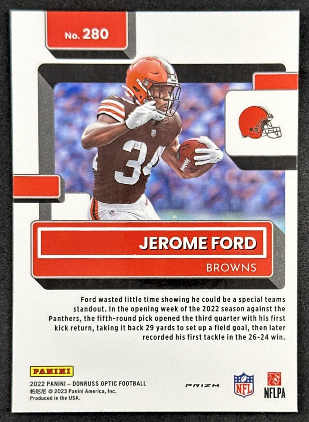 Jerome Ford 2022 Donruss Optic Rated Rookie Purple Shock Browns Back