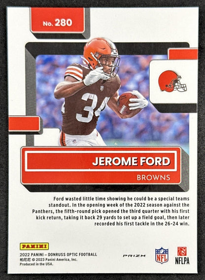 Jerome Ford 2022 Donruss Optic Rated Rookie Purple Shock Browns Back