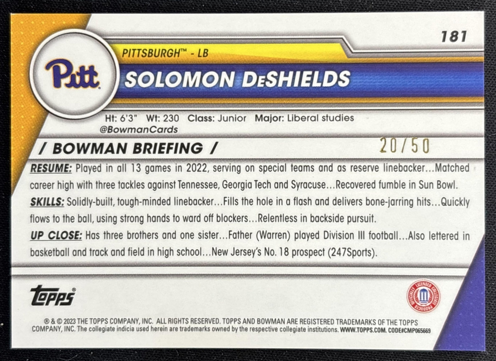 Solomon DeShields 2023 Bowman University Chrome Gold Refractor /50 back