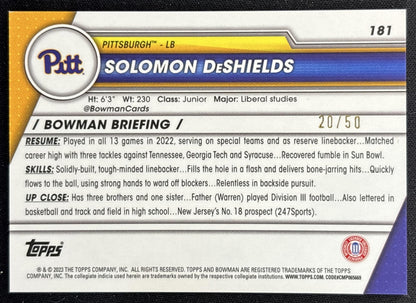 Solomon DeShields 2023 Bowman University Chrome Gold Refractor /50 back