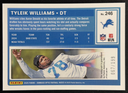 Tyleik Williams 2025 Donruss Optic Rated Rookie Auto Holo Prizm /199 Lions Sports Trading Cards