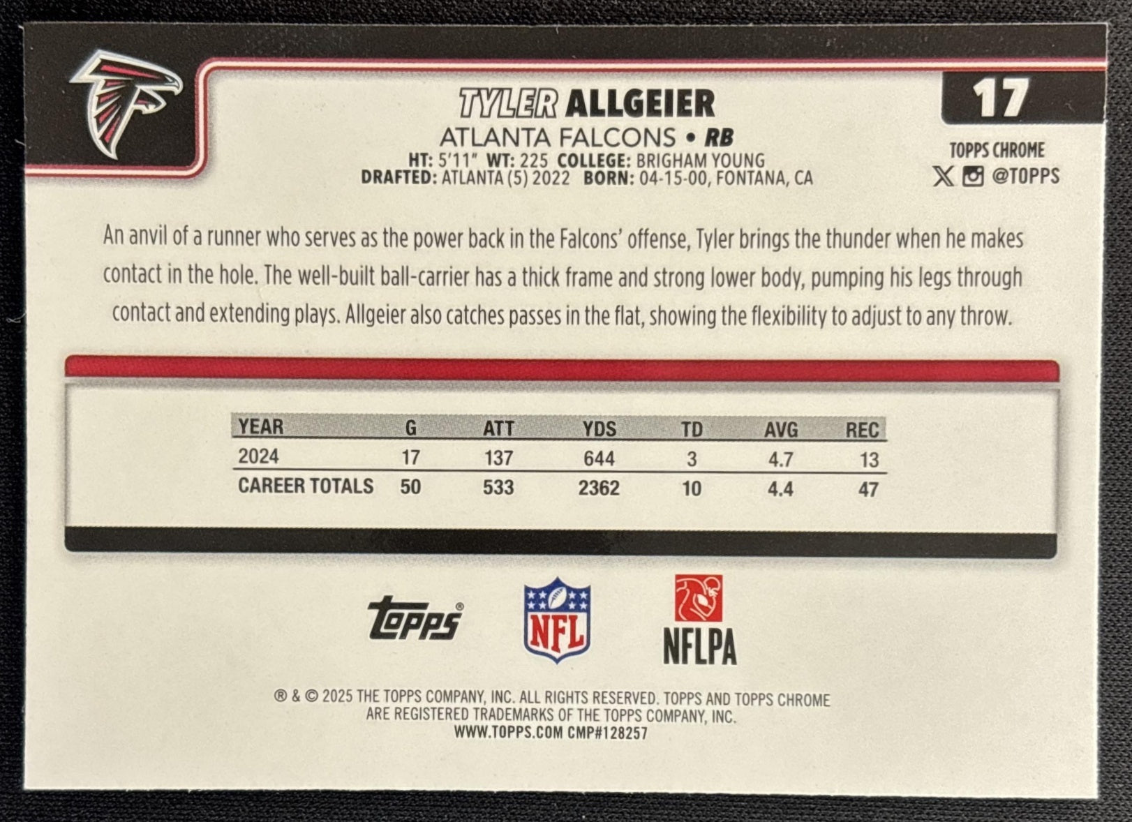 Tyler Allgeier 2025 Topps Chrome Neon Pulse Refractor Falcons