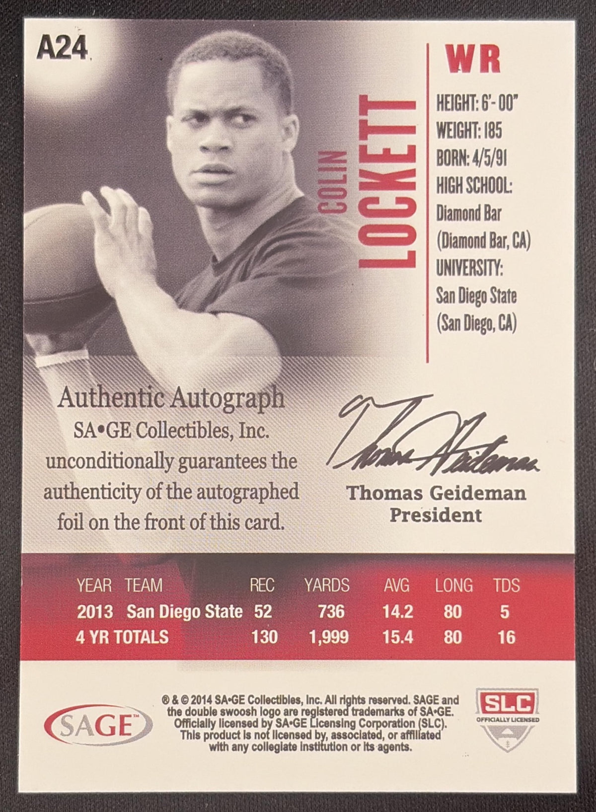 Colin Lockett 2014 SAGE HIT Auto Gold /250 Sports Trading Card