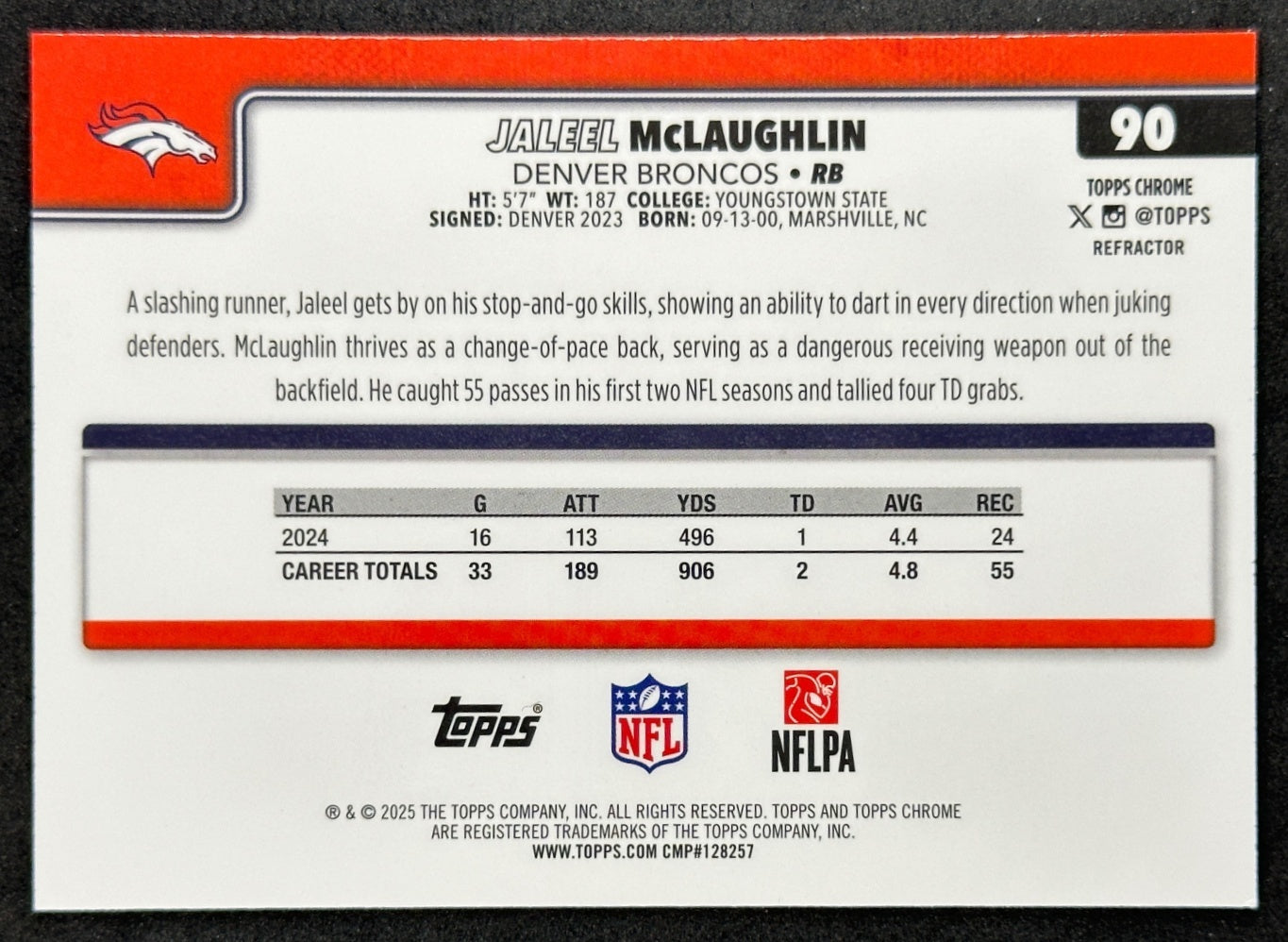 Jaleel McLaughlin 2025 Topps Chrome Refractor Broncos Sports Trading Cards