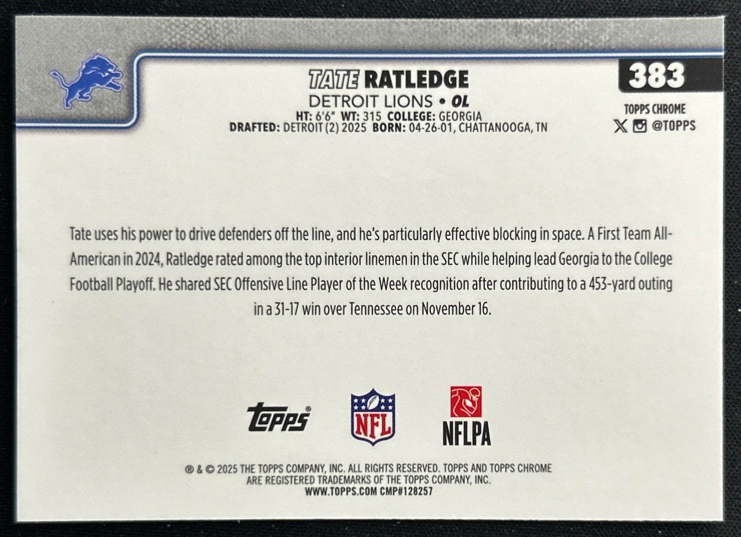 Tate Ratledge 2025 Topps Chrome Rookie Lions Sports Trading Cards