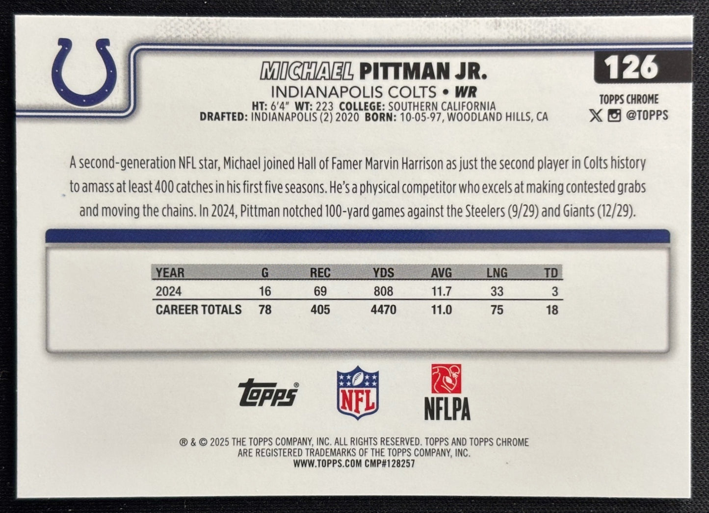 Michael Pittman Jr. 2025 Topps Chrome Colts Sports Trading Cards