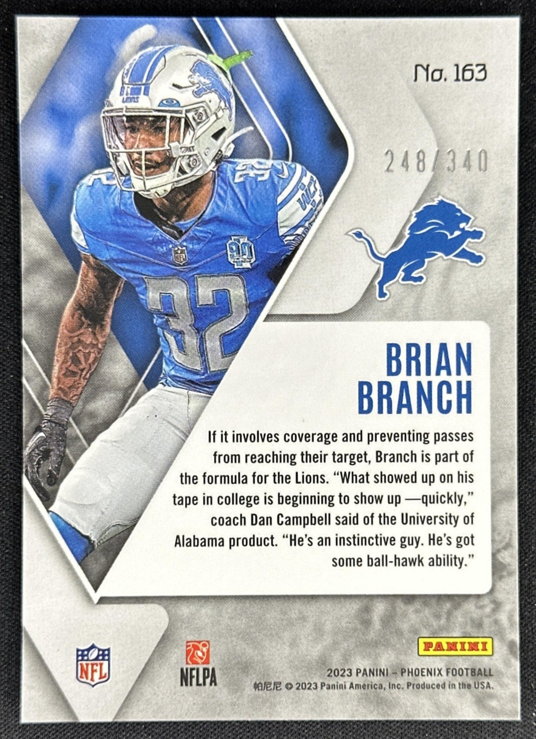 Brian Branch 2023 Panini Phoenix Fire Burst /340 Lions
