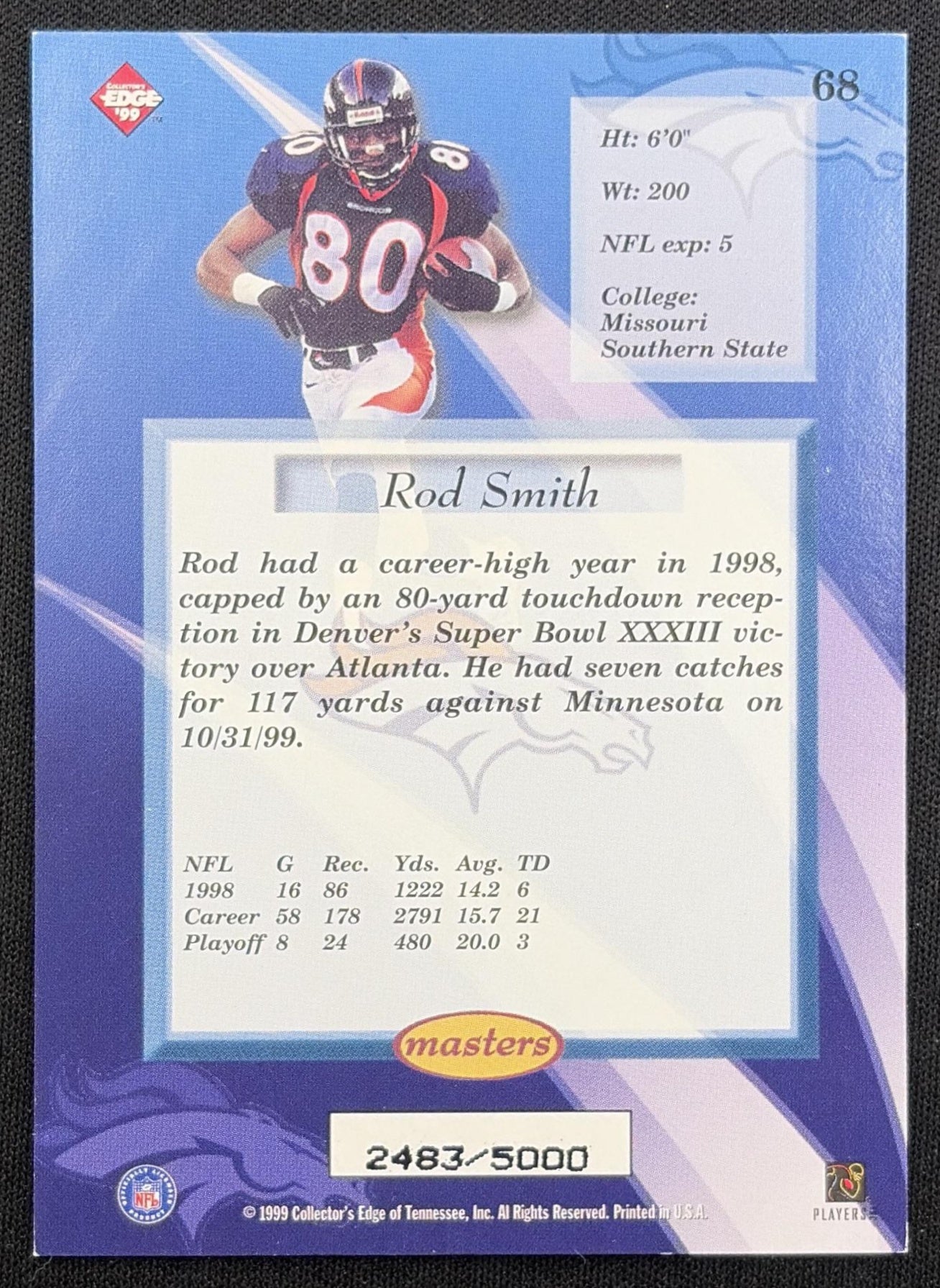 Rod Smith 1999 Collector's Edge Masters /5000 Broncos
