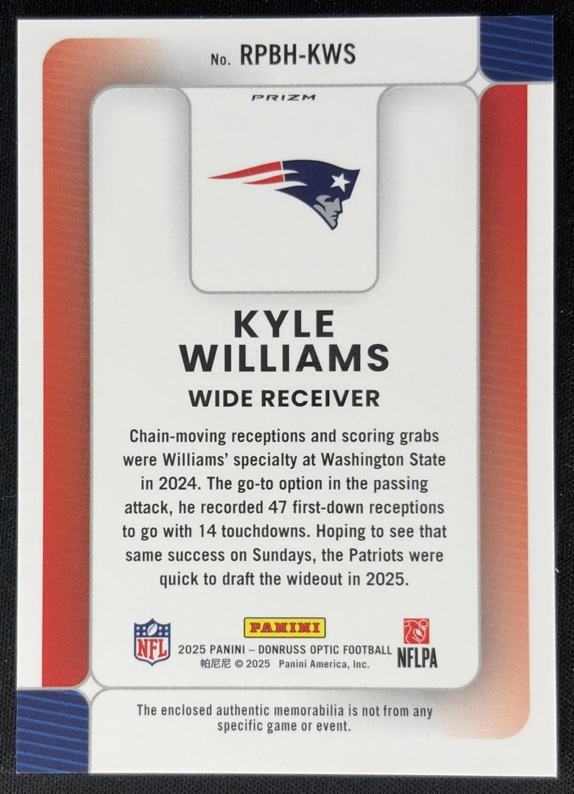 Kyle Williams 2025 Panini Donruss Optic Rookie Phenoms Blue Hyper Prizm Patriots Sports Trading Cards