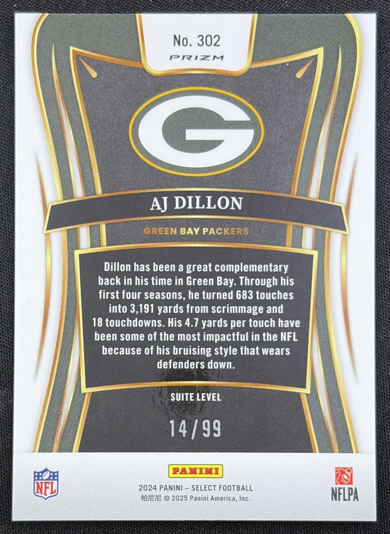 AJ Dillon 2024 Panini Select Suite Blue Prizm /99 Packers
