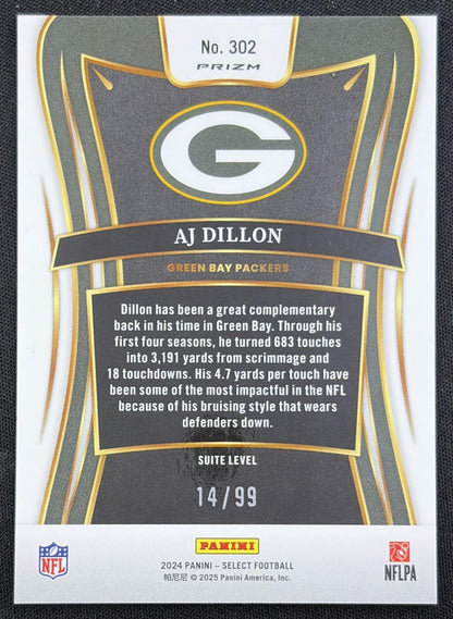 AJ Dillon 2024 Panini Select Suite Blue Prizm /99 Packers