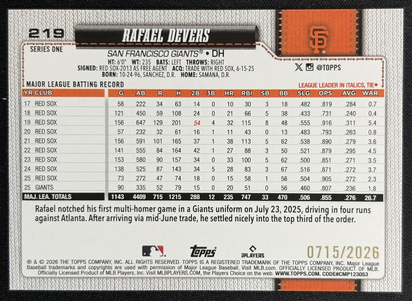 Rafael Devers 2026 Topps Series 1 Gold /2026 Giants back