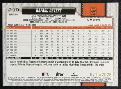 Rafael Devers 2026 Topps Series 1 Gold /2026 Giants back