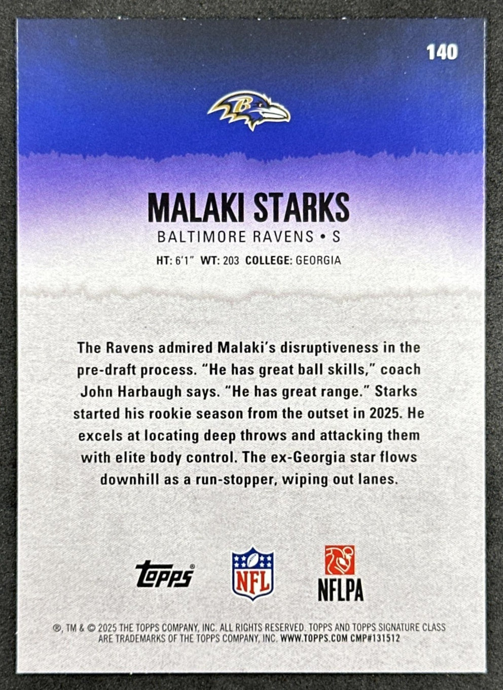 Malaki Starks 2025 Topps Signature Class Rookie Green & Purple Foil Ravens back sports trading card
