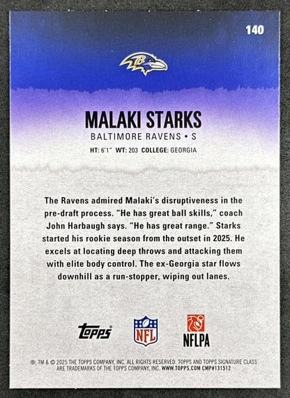 Malaki Starks 2025 Topps Signature Class Rookie Green & Purple Foil Ravens back sports trading card